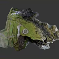 Detailed 3D Terrain Model With Green Vegetation Rocky Slopes White Patches And Small Square Structure
