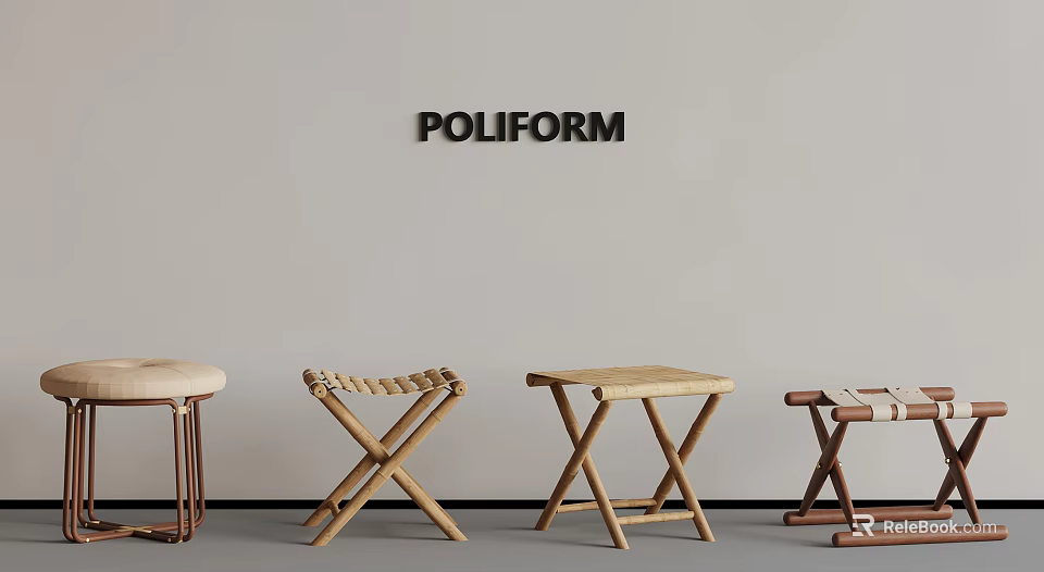 Poliform Wall With Modern Wooden Stools And Metal Frame Furniture Designs 3d model 