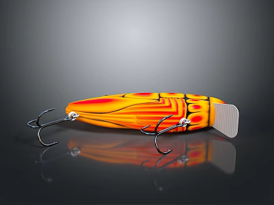 Insect Shaped Fishing Lure With Orange Yellow Body Black Stripes Hooks And Shiny Reflective Surface 3d model