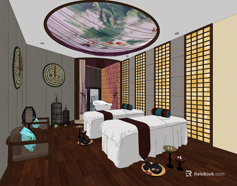Serene SPA Sauna Room with Massage Beds Lattice Windows Wooden Flooring and Circular Ceiling Decor 3d model 