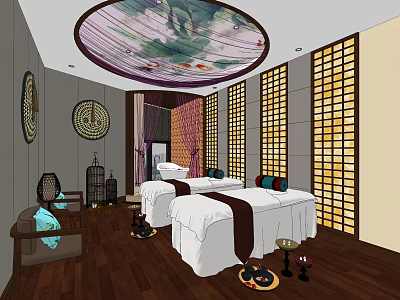 Serene SPA Sauna Room with Massage Beds Lattice Windows Wooden Flooring and Circular Ceiling Decor 3d model