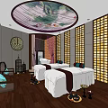 Serene SPA Sauna Room with Massage Beds Lattice Windows Wooden Flooring and Circular Ceiling Decor
