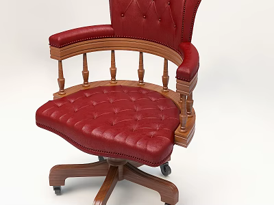 Elegant Red Leather Office Chair With Tufted Design Wooden Armrests And Caster Wheels 3d model