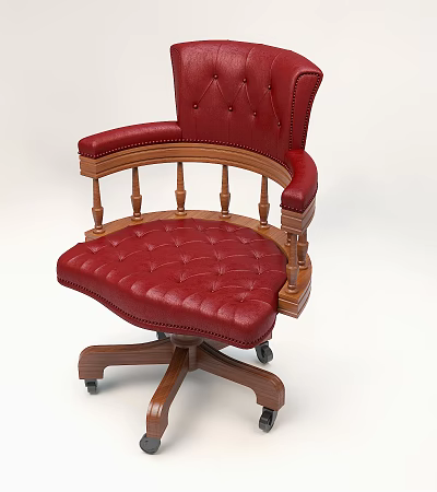 Elegant Red Leather Office Chair With Tufted Design Wooden Armrests And Caster Wheels 3d model