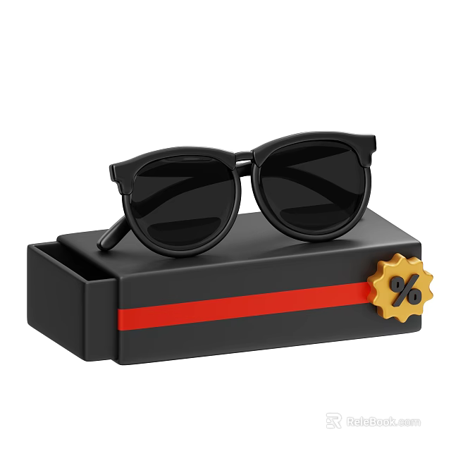 Eyewear Store Black Sunglasses in Black Case with Red Stripe and Discount 3d model 