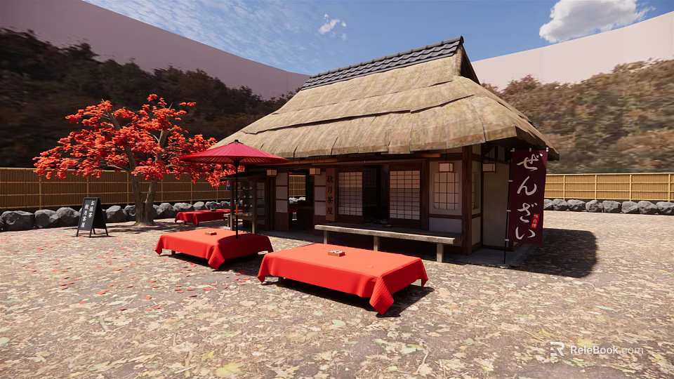 Traditional Japanese Tea House With Thatched Roof Red Tables Umbrella And Maple Trees 3d model 