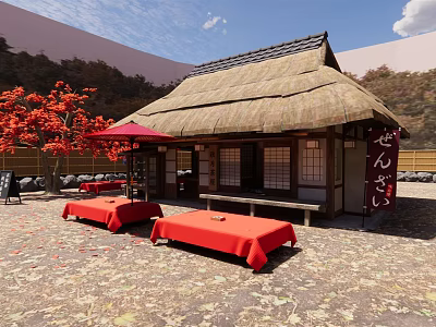 Traditional Japanese Tea House With Thatched Roof Red Tables Umbrella And Maple Trees 3d model