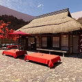Traditional Japanese Tea House With Thatched Roof Red Tables Umbrella And Maple Trees