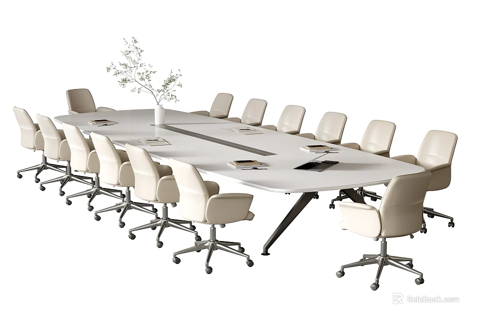 Modern White Conference Table with Multiple Beige Wheeled Office Chairs and Plant Vase Setup 3d model 