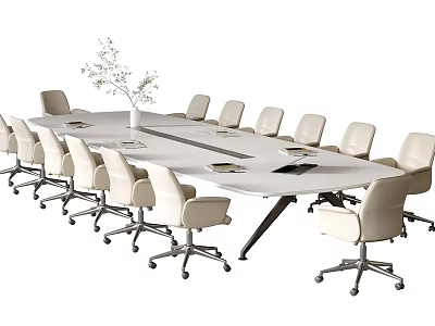 Modern White Conference Table with Multiple Beige Wheeled Office Chairs and Plant Vase Setup 3d model