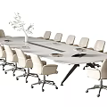 Modern White Conference Table with Multiple Beige Wheeled Office Chairs and Plant Vase Setup