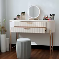 White Dressing Table with Gold Legs Round Mirror Cosmetics Decorative Items and Gray Stool 3d model