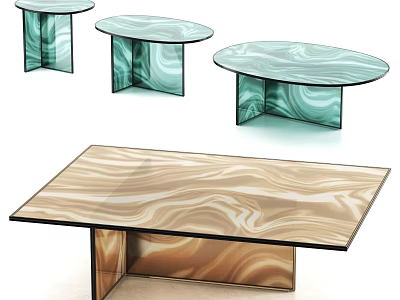 Modern Coffee Tables With Marble Texture Green And Beige Round And Rectangular Metal Legs Design 3d model