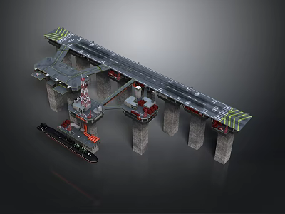 Water Construction Barge With Crane Near Bridge Structure And Concrete Pier Supports 3d model