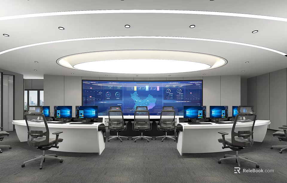 Modern Control Room With Large Digital Screen Multiple Monitors Control Desks And Ergonomic Chairs 3d model 