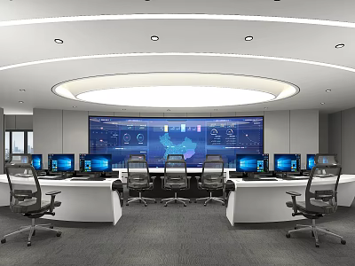Modern Control Room With Large Digital Screen Multiple Monitors Control Desks And Ergonomic Chairs 3d model