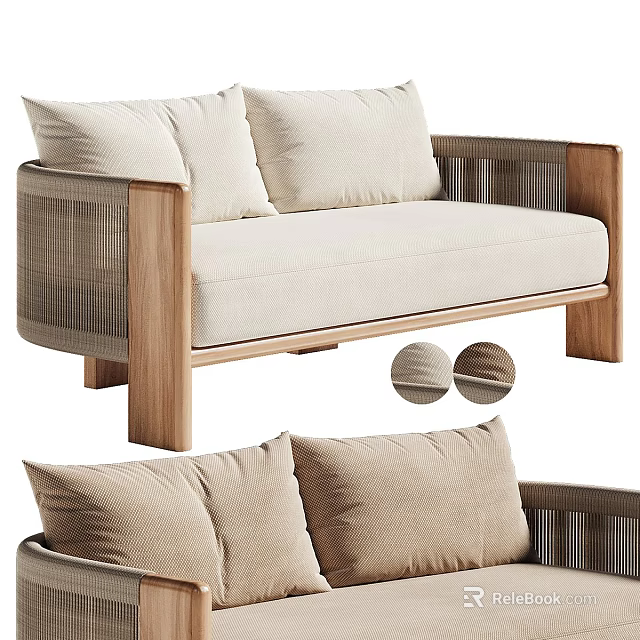 Modern Two Seater Sofa With Wooden Frame And Woven Armrests Beige Cushions 3d model 