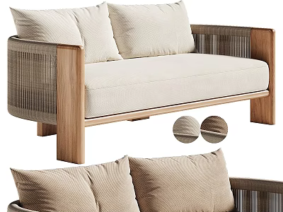 Modern Two Seater Sofa With Wooden Frame And Woven Armrests Beige Cushions 3d model