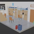 Cartoon Dormitory Scene With Bunk Beds Desks Chairs Lockers And Trash Bins