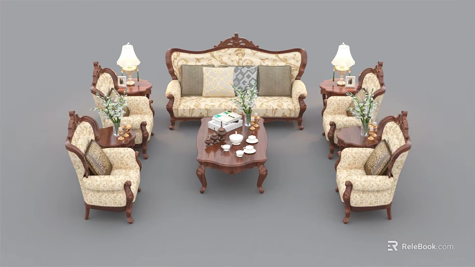 Classic Wooden Sofa and Coffee Table Set with Armchairs Lamps and Flower Vases 3d model 