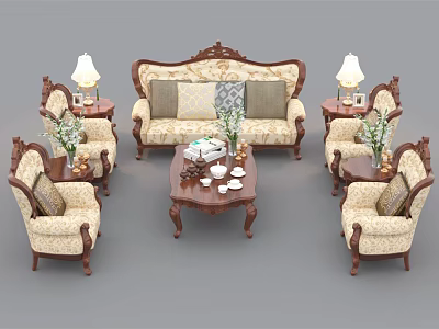 Classic Wooden Sofa and Coffee Table Set with Armchairs Lamps and Flower Vases 3d model