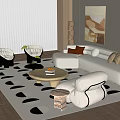 Modern Living Room Interior With L-shaped Sofa Geometric Rug Coffee Table Chairs And Floor Lamp