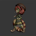 Cartoon Character With Red Hair Cat Ears Brown Hat Green Cardigan Yellow Dress Striped Tail