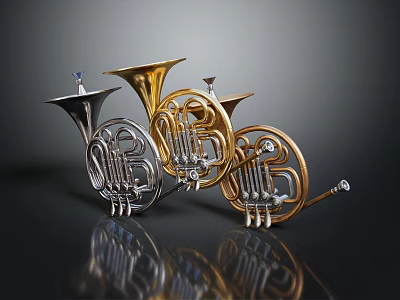 Three Shiny Silver And Gold French Horns Musical Instruments On Black Background With Reflections 3d model
