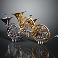 Three Shiny Silver And Gold French Horns Musical Instruments On Black Background With Reflections