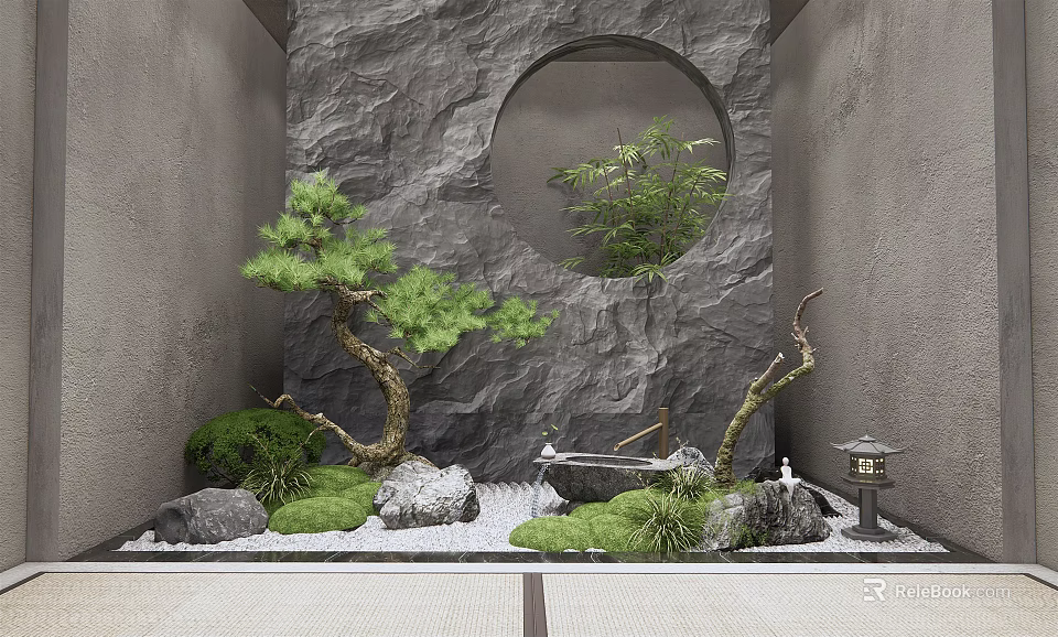 Japanese Garden Rock Scenic Wall with Circular Opening Pine Tree Moss Rocks and Stone Lantern 3d model 
