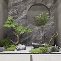 Japanese Garden Rock Scenic Wall with Circular Opening Pine Tree Moss Rocks and Stone Lantern