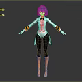 Game Movie Character With Purple Short Hair Black White Top Orange Cuffs Boots Standing Pose