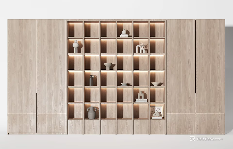 Modern Wooden Decorative Cabinet With Lattice Design And LED Lighting Displaying Decorative Items On Shelves 3d model 