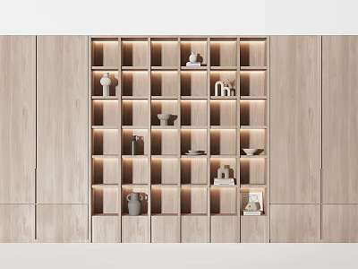 Modern Wooden Decorative Cabinet With Lattice Design And LED Lighting Displaying Decorative Items On Shelves 3d model