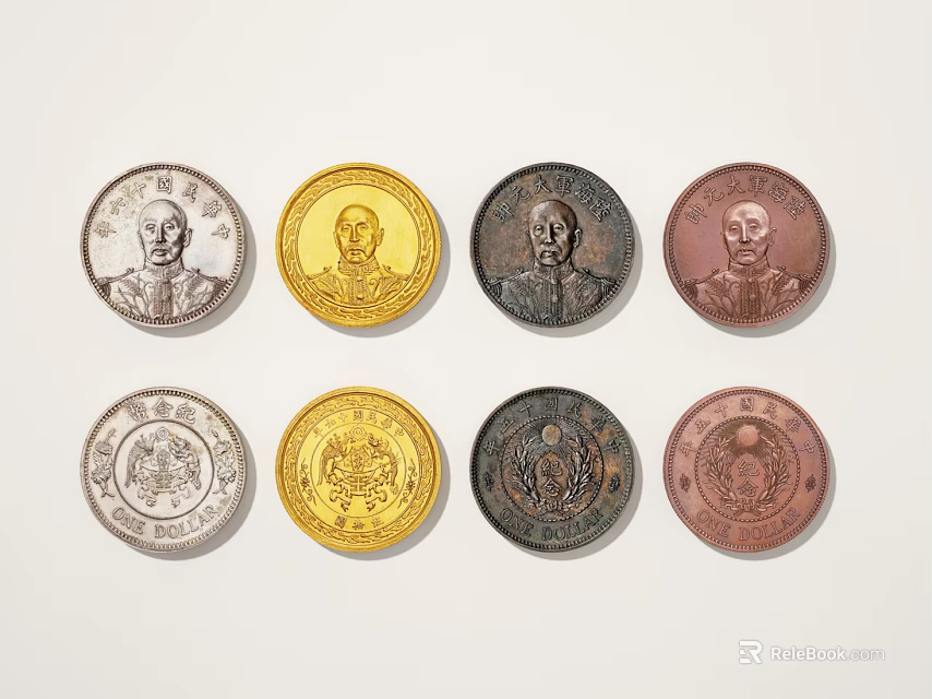 Vintage Coin Decorative Ornament Set With Various Colors Portrait And Inscription Designs 3d model 