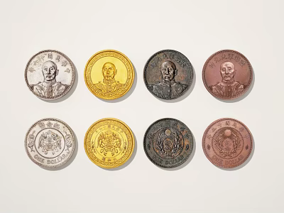 Vintage Coin Decorative Ornament Set With Various Colors Portrait And Inscription Designs 3d model