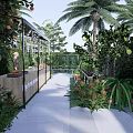 Tropical Garden Landscape With Palm Trees Various Plants Pathway Benches And Plant Shelves