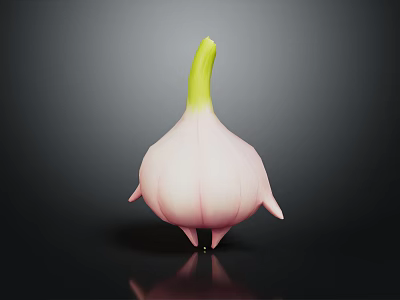 Pink Garlic Vegetable With Green Stem Against Black Background Showing Reflection 3d model