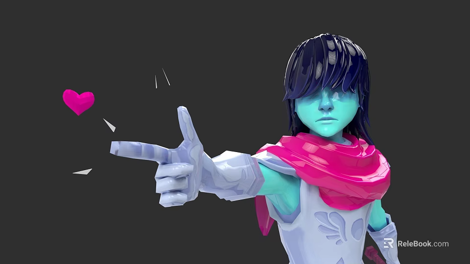 Blue Skinned Black Haired Character With Pink Scarf Pointing At Pink Heart And Magical Sparkles 3d model 