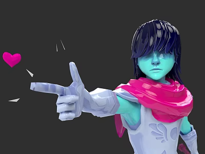 Blue Skinned Black Haired Character With Pink Scarf Pointing At Pink Heart And Magical Sparkles 3d model