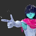 Blue Skinned Black Haired Character With Pink Scarf Pointing At Pink Heart And Magical Sparkles