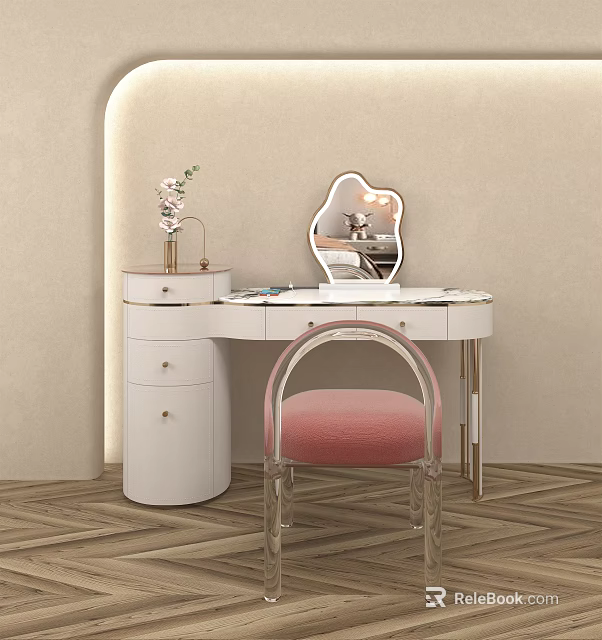 Modern White Dressing Table with Irregular Mirror Pink Cushioned Acrylic Chair and Vase with Flowers 3d model 