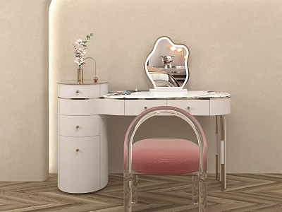 Modern White Dressing Table with Irregular Mirror Pink Cushioned Acrylic Chair and Vase with Flowers 3d model