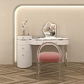 Modern White Dressing Table with Irregular Mirror Pink Cushioned Acrylic Chair and Vase with Flowers