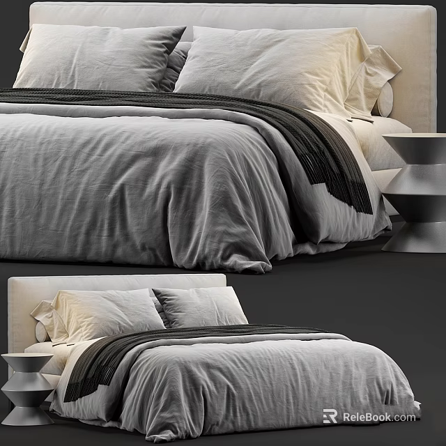 Modern Double Bed With Gray Linen Bedspread And White Pillowcases In Bedroom 3d model 