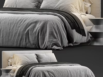 Modern Double Bed With Gray Linen Bedspread And White Pillowcases In Bedroom 3d model
