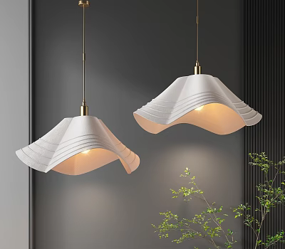 Modern Pendant Lights Hanging With White Wavy Shades Gold Fixtures Gray Wall And Green Plant 3d model