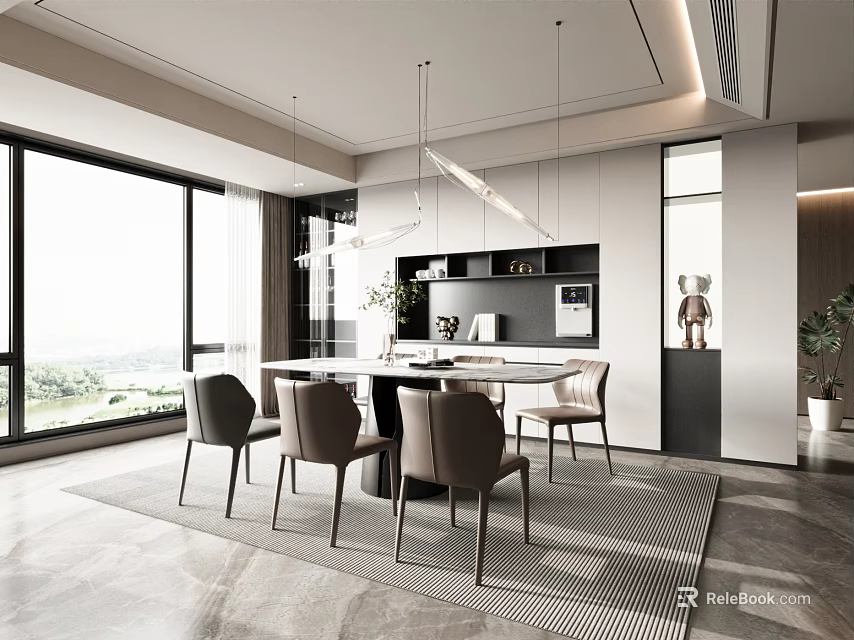 Modern Restaurant Interior With Dining Table Chairs Pendant Lights Large Windows And Decorative Elements 3d model