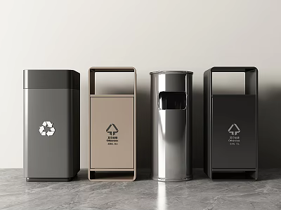Four Varied Colored Recycling Bins With Sorting Symbols On Modern Countertop 3d model