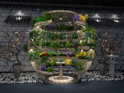 Round Outdoor Table With Multi Layer Plant Surrounding Decorative Greenery And Stone Accents 3d model